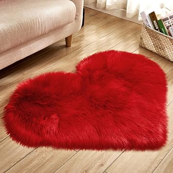 Fluffy Faux Fur Heart Shaped Area Rug Soft Fuzzy Carpet Home Decoration Wedding Party for Bedroom Living Room Bedside 30x40cm Red