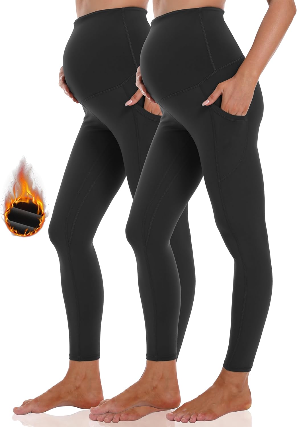 Maternity Fleece Lined Leggings with Pockets Over The Belly Pregnancy Thermal Warm Winter Running Active Yoga Pants