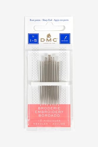 DMC Embroidery Needles Size 5 - Pack Of 15, Nickel Plated Steel, Long Eye