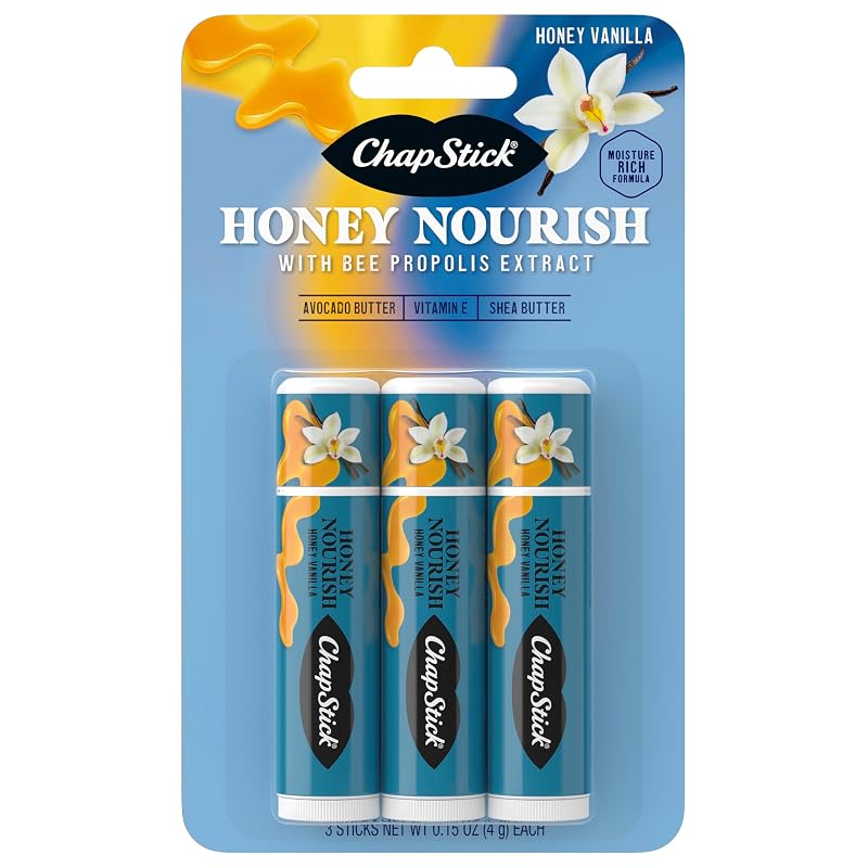 Bálsamo labial ChapStick Honey Nourish com manteiga de karité, manteiga de abacate, extrato de própolis de abelha e vitamina E, fragrância Honey Vanilla, pacote com 3