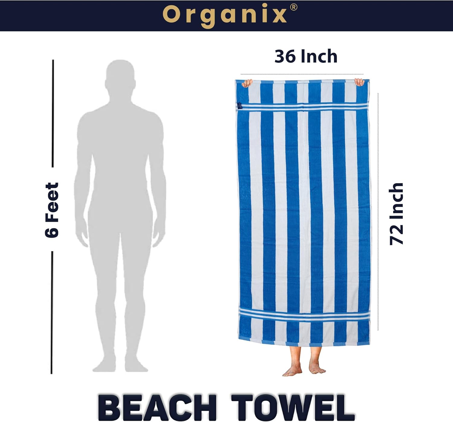 Organix Oversized Beach Towel 36"x72", Large Highly Absorbent Cabana Striped Pool Towels, 100% Ringspun Cotton Bathroom and Pool Towel 4 Pack, Adult Luxury Towels, Quick Dry Lightweight- Sky Blue