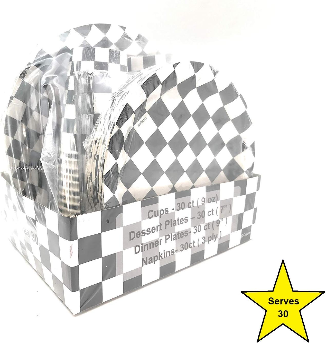 Oojami Serves 30 Complete Party Pack Black and White Checkered 9" Dinner Paper Plates 7" Dessert Paper Plates 9 oz Cups 3 Ply Napkins Race Car Party Theme