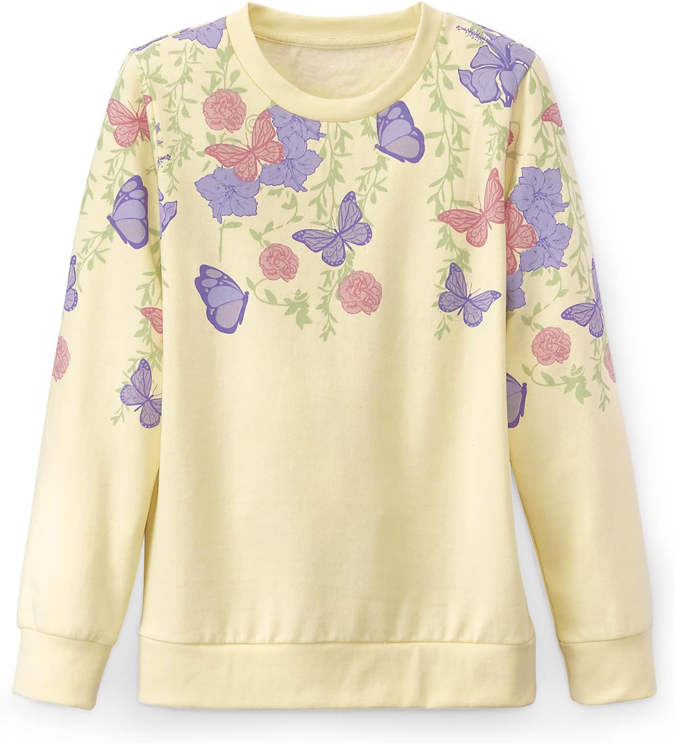 SAGEFINDS Pastel Butterfly Sweatshirt for Women – Floral Graphic Print Crewneck Pullover, Long Sleeve Casual Sweater Shirt