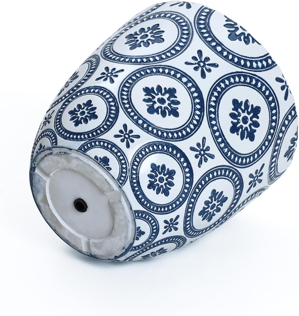 LuxenHome 9.5" Dia Round Planters, Large Outdoor Indoor Decorative Plant Pot with Drainage Hole and Rubber Plug, Blue and White Flower Pattern Garden Pot, Concrete Planter Pot for Home Garden Patio