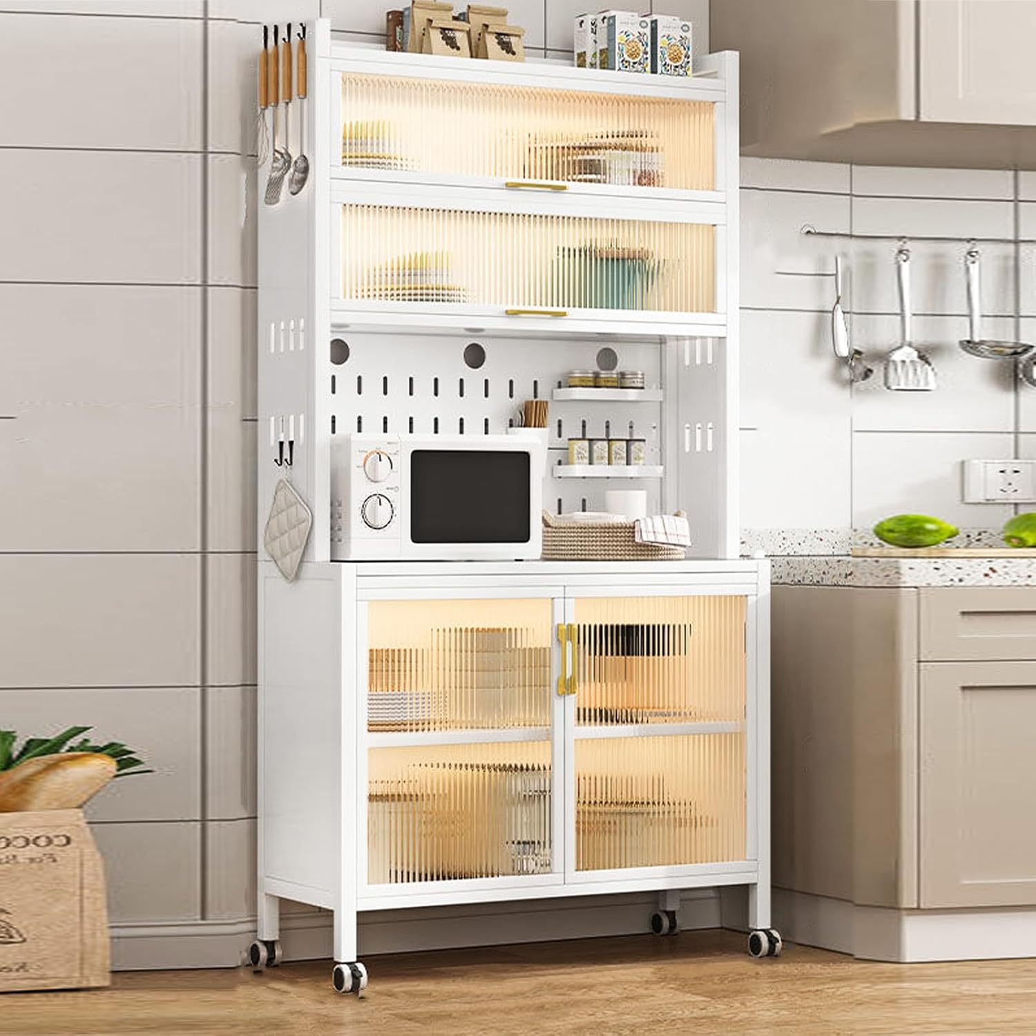 Microwave Stand & Baker's Rack, 6-Tier Kitchen Organizer Cabinet with Flip Door for Dishes, Wine, Pots & Pans - Space-Saving Storage Solution for Home