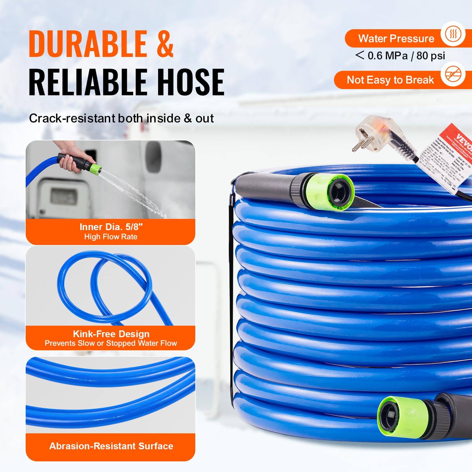 VEVOR Tubo Acqua Riscaldata 15,2 m per Camper, Tubo Acqua Potabile Riscaldato Antigelo Fino a -42,7°C, Autoregolante Automatica, ID 158 mm con Set Raccordi Collegamento Rapido, Senza Piombo e BPA