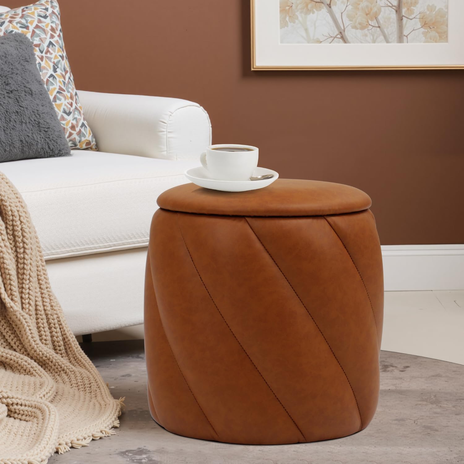 Round Ottoman with Soft Padded Seat, Storage Vanity Stool for Makeup, Upholstered Footrest Stool Ottoman Foot Stool for Living Room, Bedroom