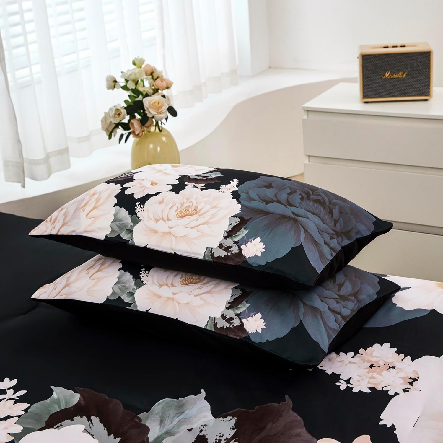 RYNGHIPY Cream Flowers Printed Comforter Set Queen Size Lightweight Soft Microfiber Bedding Set 1 Comforter 2 Pillocases (Black Beige,Queen Size) - Image 7