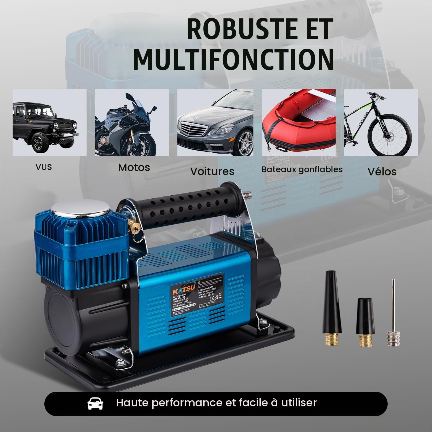 KATSU Tools Professionnel Gonfleur de Pneu 150 PSI 12V 45Amp Grand Volume Portable Compresseur d'air Voiture Pompe à Pneu pour 4WD Auto Car Van Trucks Gonflables
