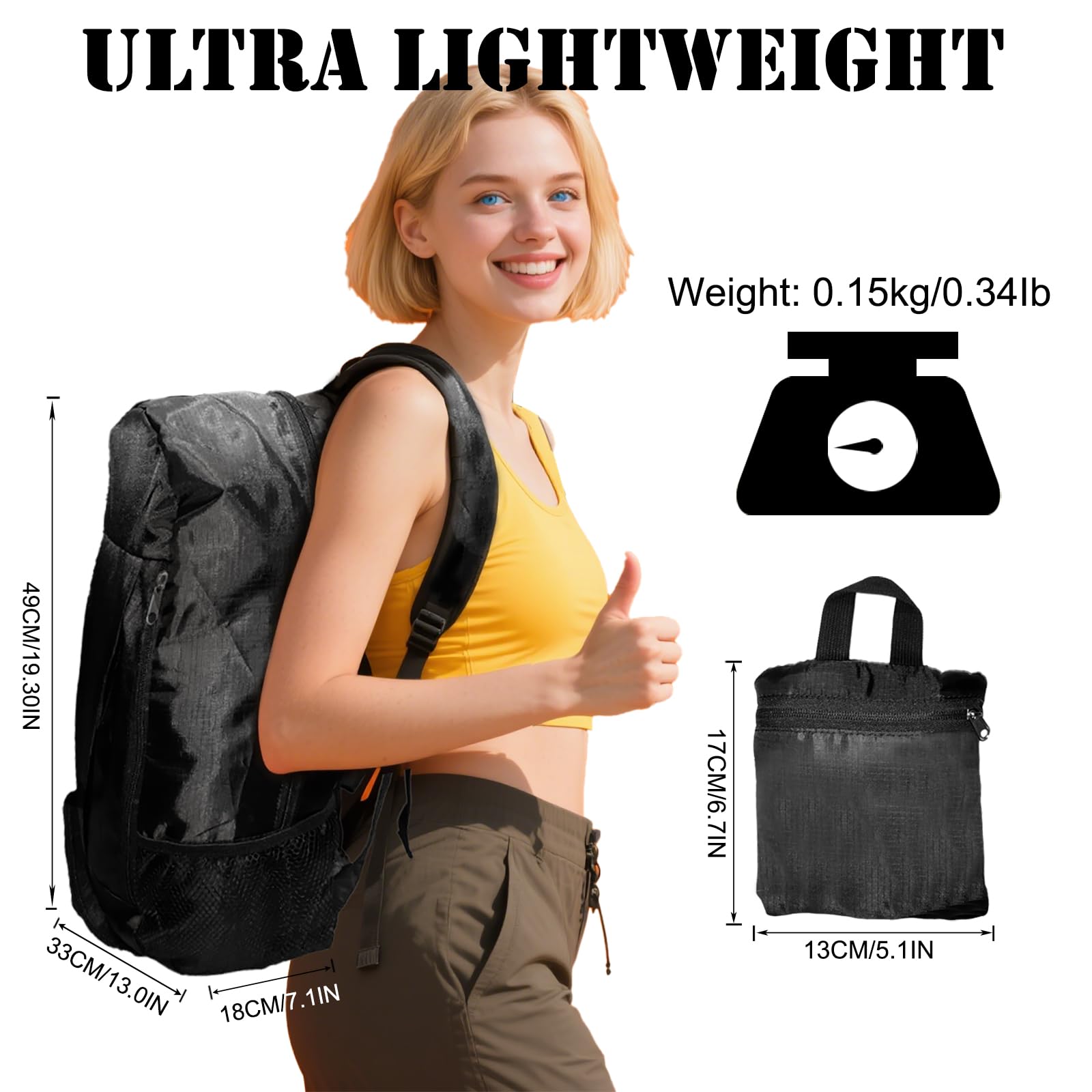 Mochila de senderismo ultraligera de 30 L, mochila plegable de viaje, mochilas pequeñas plegables para mujeres y hombres (negro) 2