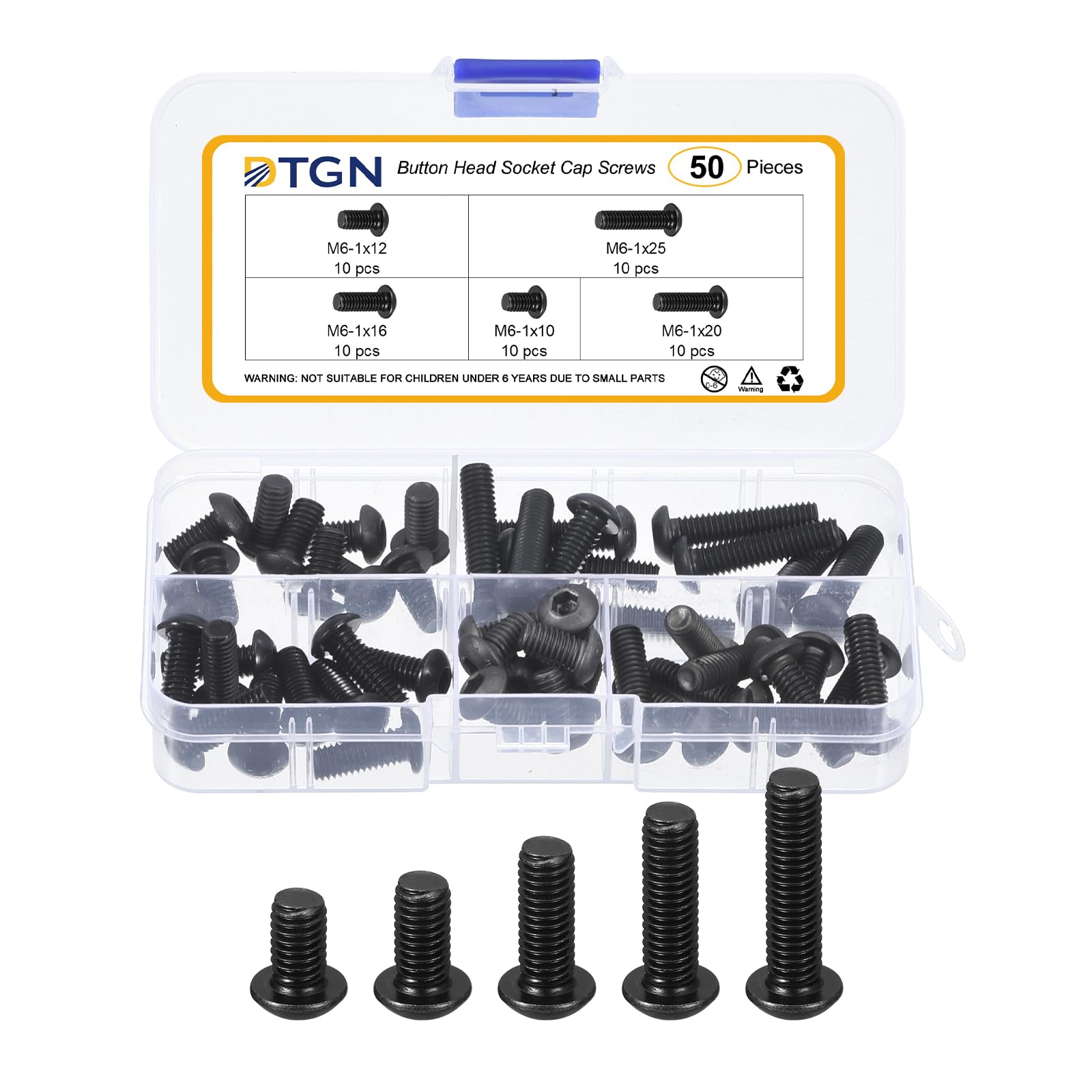 DTGN 50Pcs M6-1x10/12/16/20/25mm Button Head Socket Cap Screws, Carbon Steel Bolt Set Assortment Kit