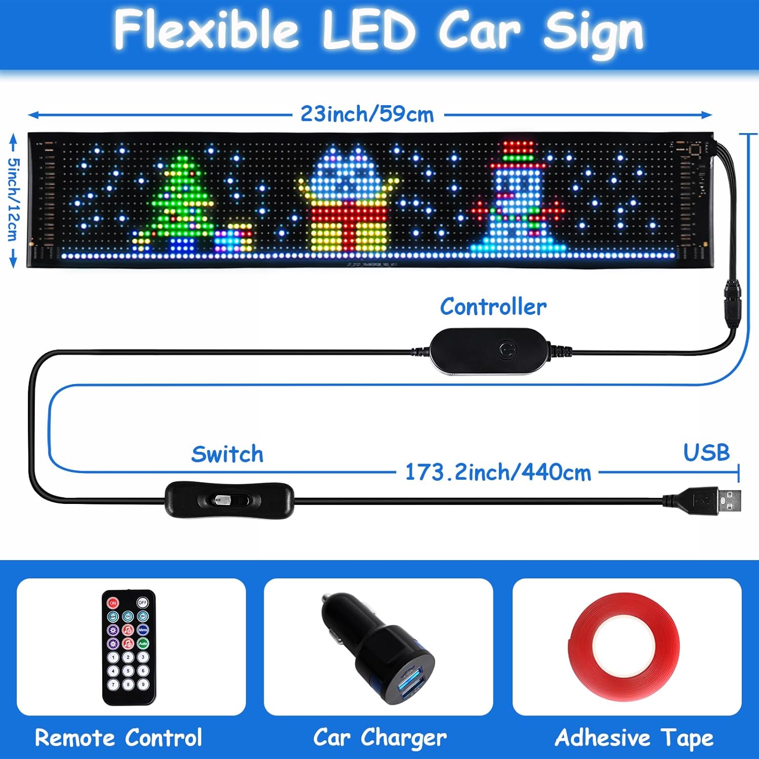 Programmable Flexible LED Car Window Sign - Bluetooth App Control, Custom Text/Animation Display for Vehicles, Stores, Parties - USB-Powered 23''x5'' Scrolling Matrix Panel - Image 5