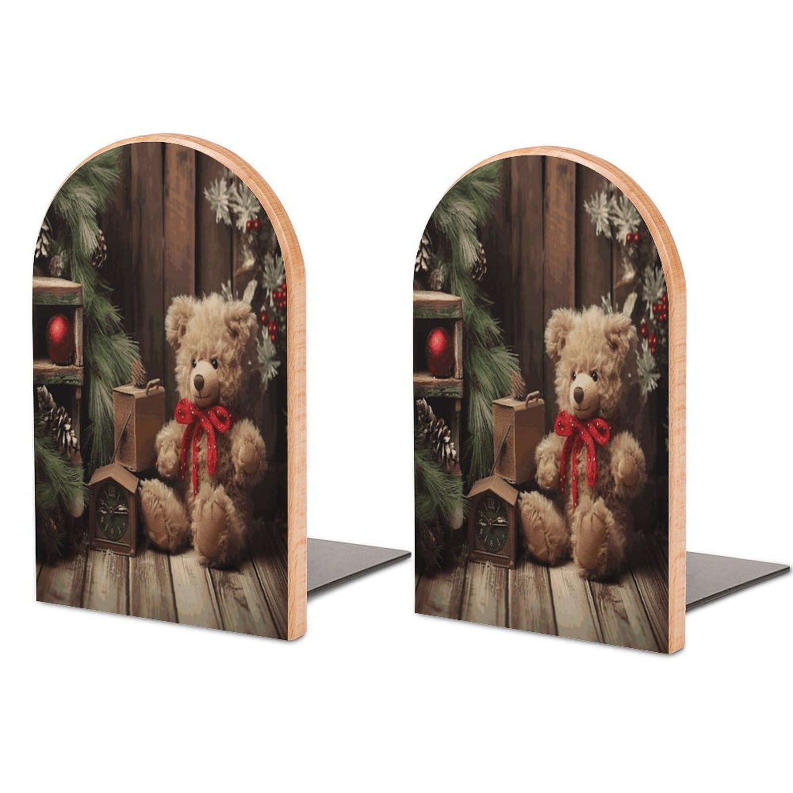 Xmas Tree Branch Bear Doll Bookend for Shelves Fashion Modern Wood Book End with Non-Slip Metal Base Universal Economy Bookend Book Organizer for Home Office Desk Accessories 1 Pair