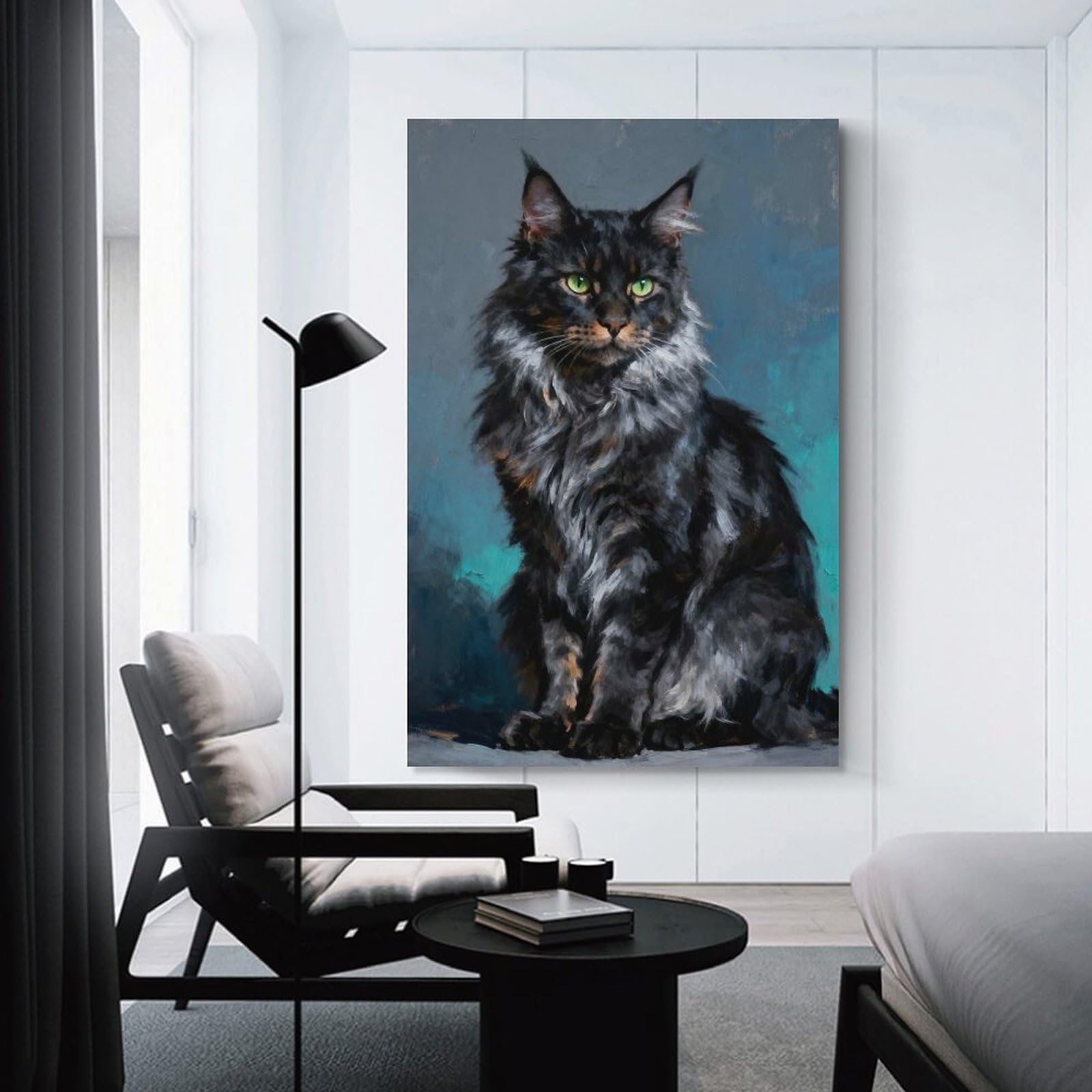 Junmoney Maine Coon Cat Portrait Painting Wall Picture Print 24x36inch(60x90cm), for Apartment Walls, Studios Or Work Areas, A Simple Refresh for Blank Walls