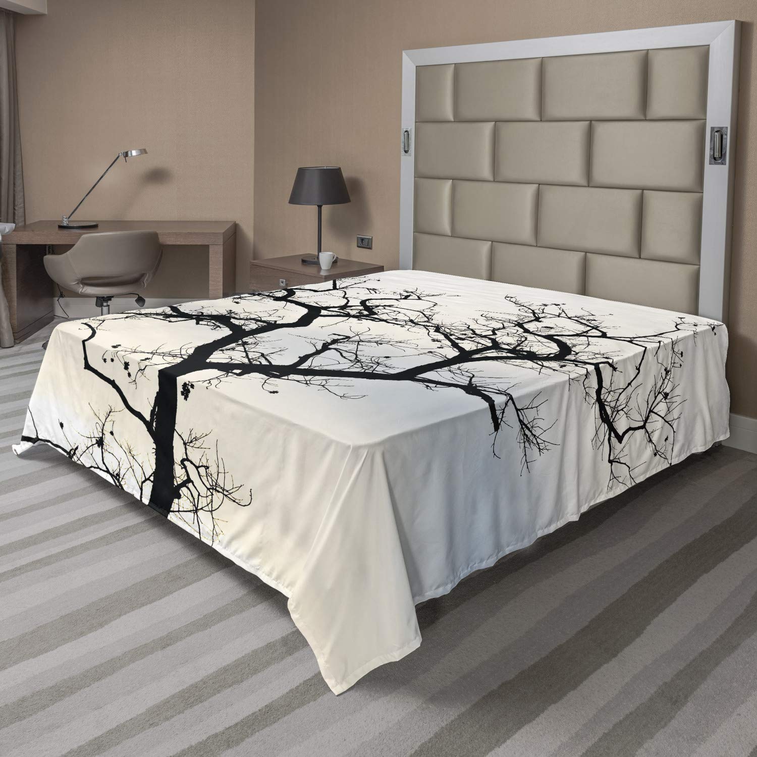 Ambesonne Forest Flat Sheet, Fall Tree Black Branches Art Print Black and White Themed Silhouette Illustration, Soft and Comfortable Top Sheet