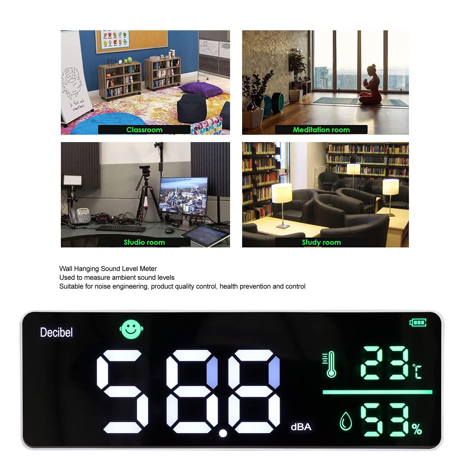 Large LED Display Sound Degree Meter with Temperature and Humidity, 11in Wall Hanging Noise Meter for Classroom