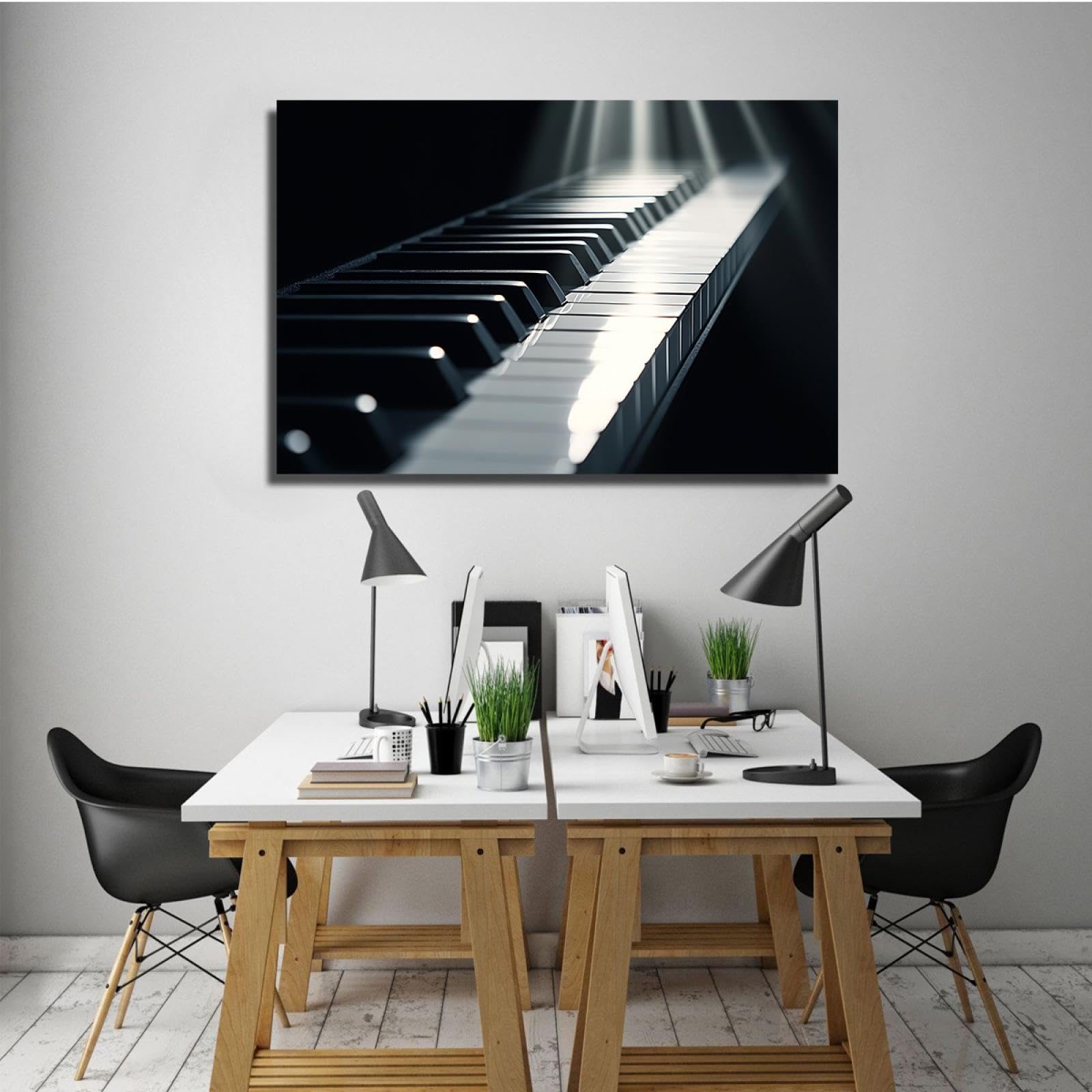 CHERHERART Lienzos de teclas de piano en blanco y negro para living oficina estudio aula obras de arte para el hogar abstracto luz del sol lienzo arte de pared decoración marco interior