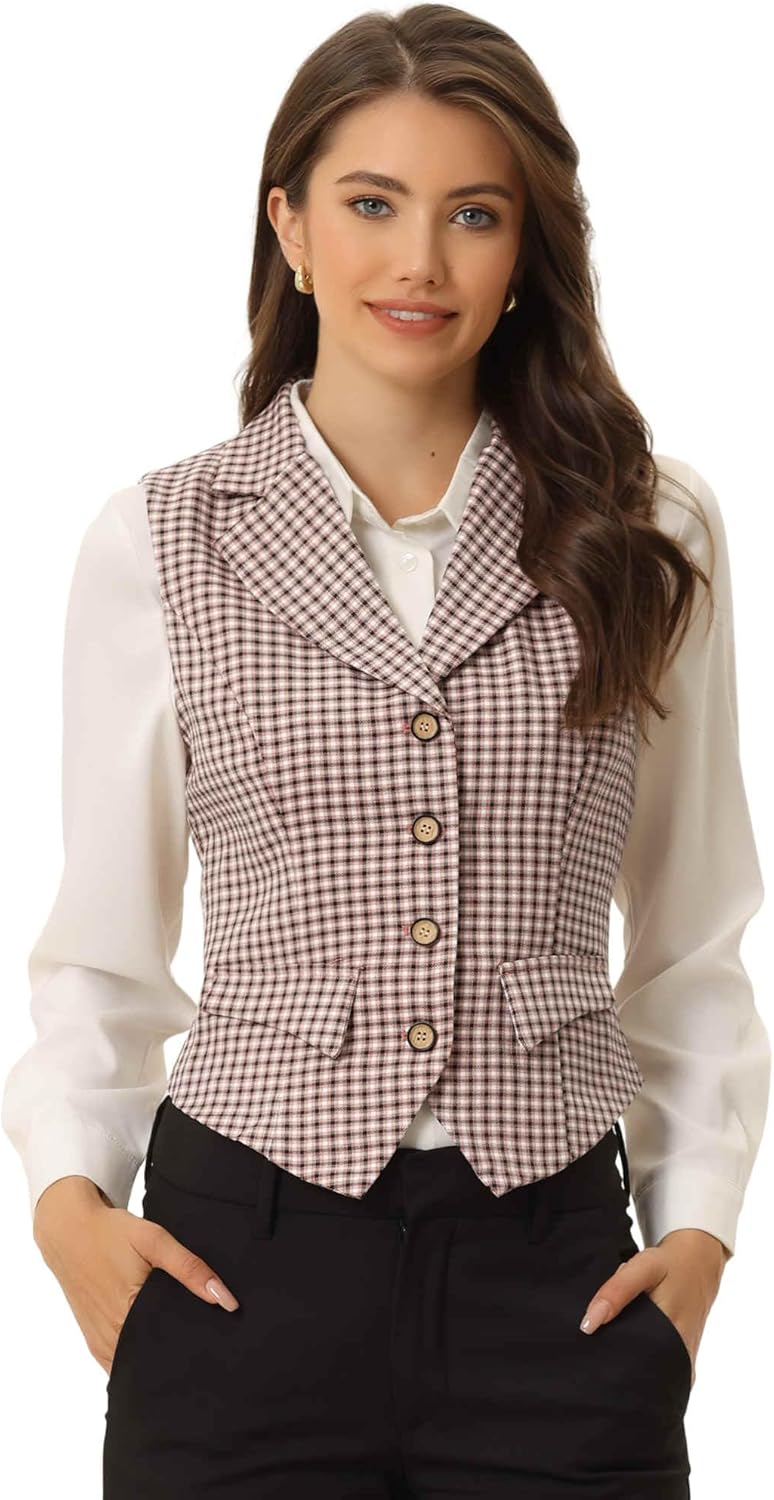 Allegra K Women's Plaid Waistcoat Notched Lapel Collar Single Breasted Vintage Vest