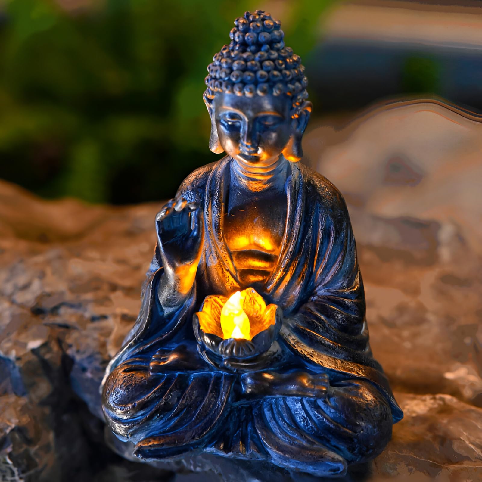Buddha da giardino con luci a LED di loto, statua Zen in resina, decorazione cortile, terrazza, davanzale