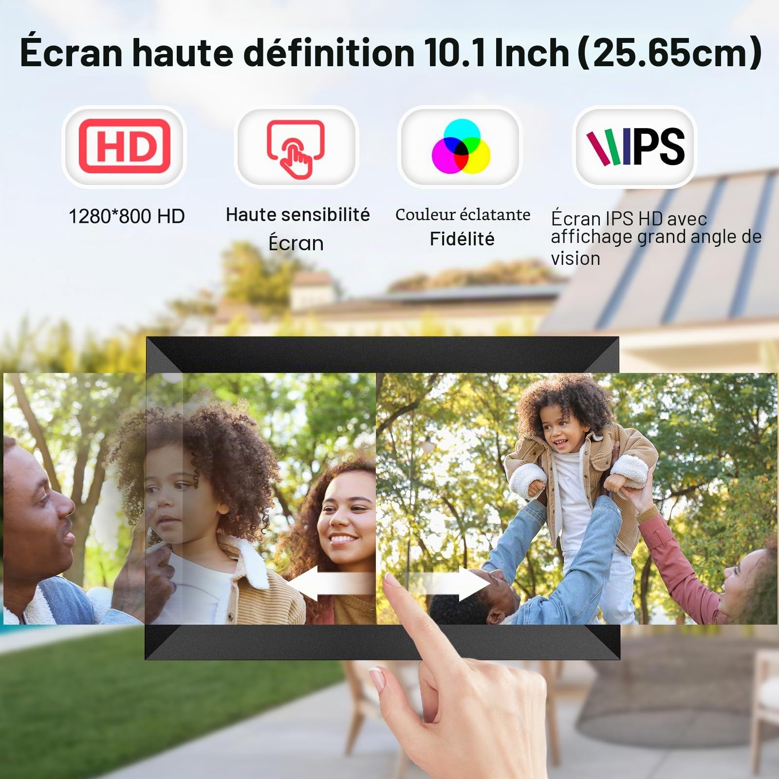 Hesmor 64 Go Cadre Photo numérique Frameo WiFi 10,1", écran Tactile LCD IPS 1280 x 800, Rotation Automatique et Audio, Partage de Photos ou de vidéos Via l'application Frameo n'importe oùn, Noir
