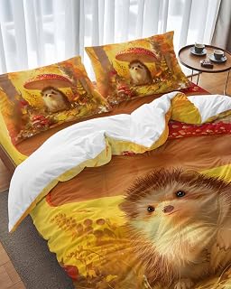 Fall Duvet Cover Set of 4 Queen Size Hedgehog Comforter Sets, Mushroom Maple Leaves Forest Bedding Set with Zipper Closure and 2 Pillow Cases, Soft Bed Covers Bedroom Decor for Thanksgiving All Season