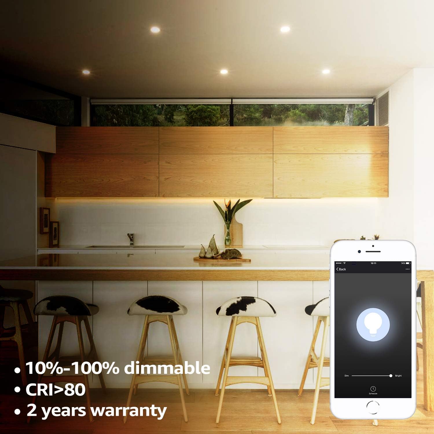 A kitchen scene illuminated by LED strip lights, with a smartphone displaying the app's dimming function (10%-100% dimmable).