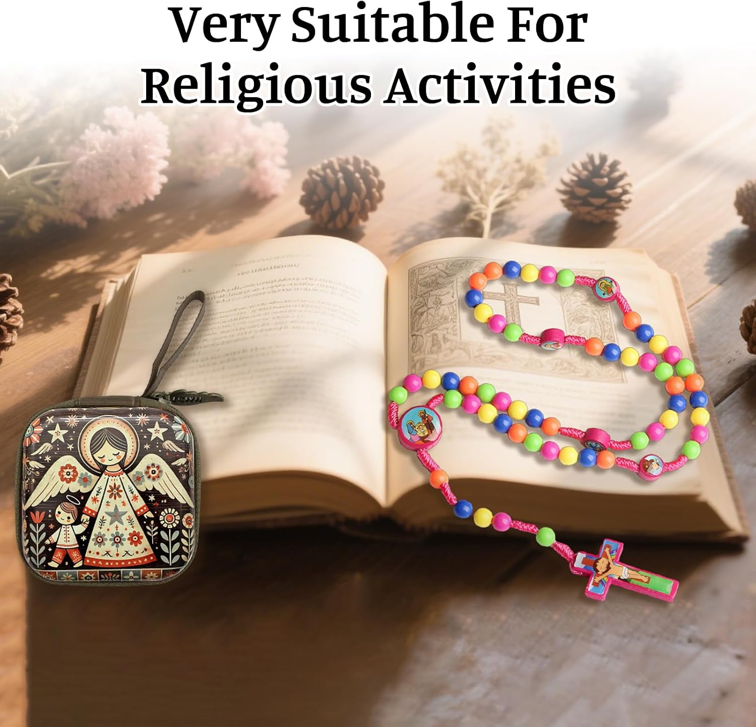 Catholic First Communion Rosary - Colorful Plastic Prayer Beads Necklace with Virgin Mary, Gifts Box Included