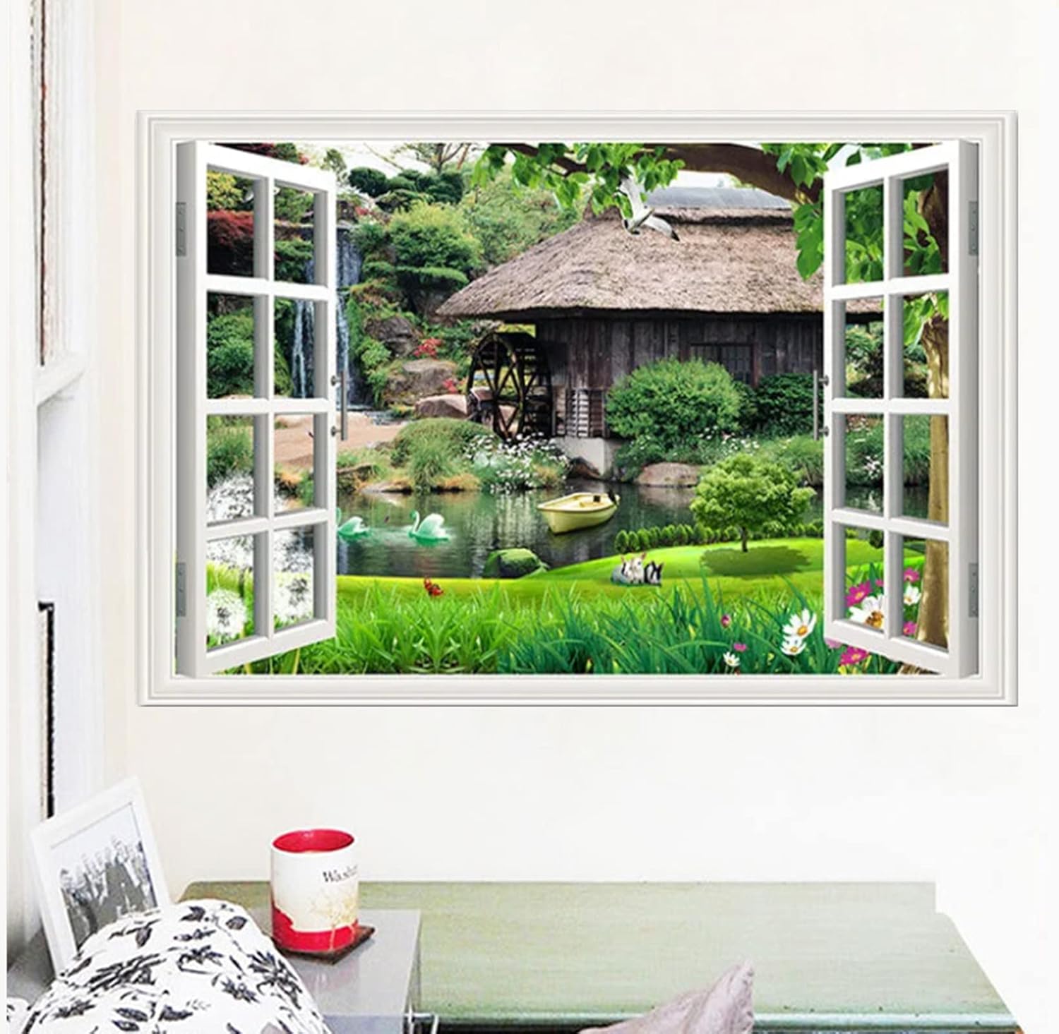 Condessacity ウォールステッカー 窓風景 偽窓 絵画風 風景画 お風呂 壁紙シール 景色 はがせる おしゃれ 北欧 防水 窓景色 緑の額縁 窓フレーム枠 窓枠の風景画 偽窓ステッカー ウォールペーパー 50 Off