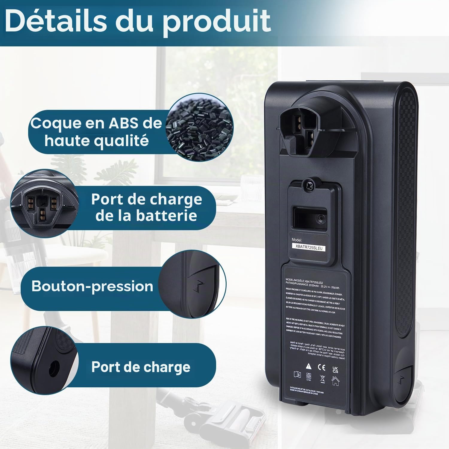 Batterie de rechange 3000 mAh pour aspirateurs sans fil Shark XBATR725SLEU compatible avec aspirateurs sans fil IZ400UK, IZ400UKT, IZ400UKTSB, IZ420UKT Shark, batterie XBATR725SL 25,2 V