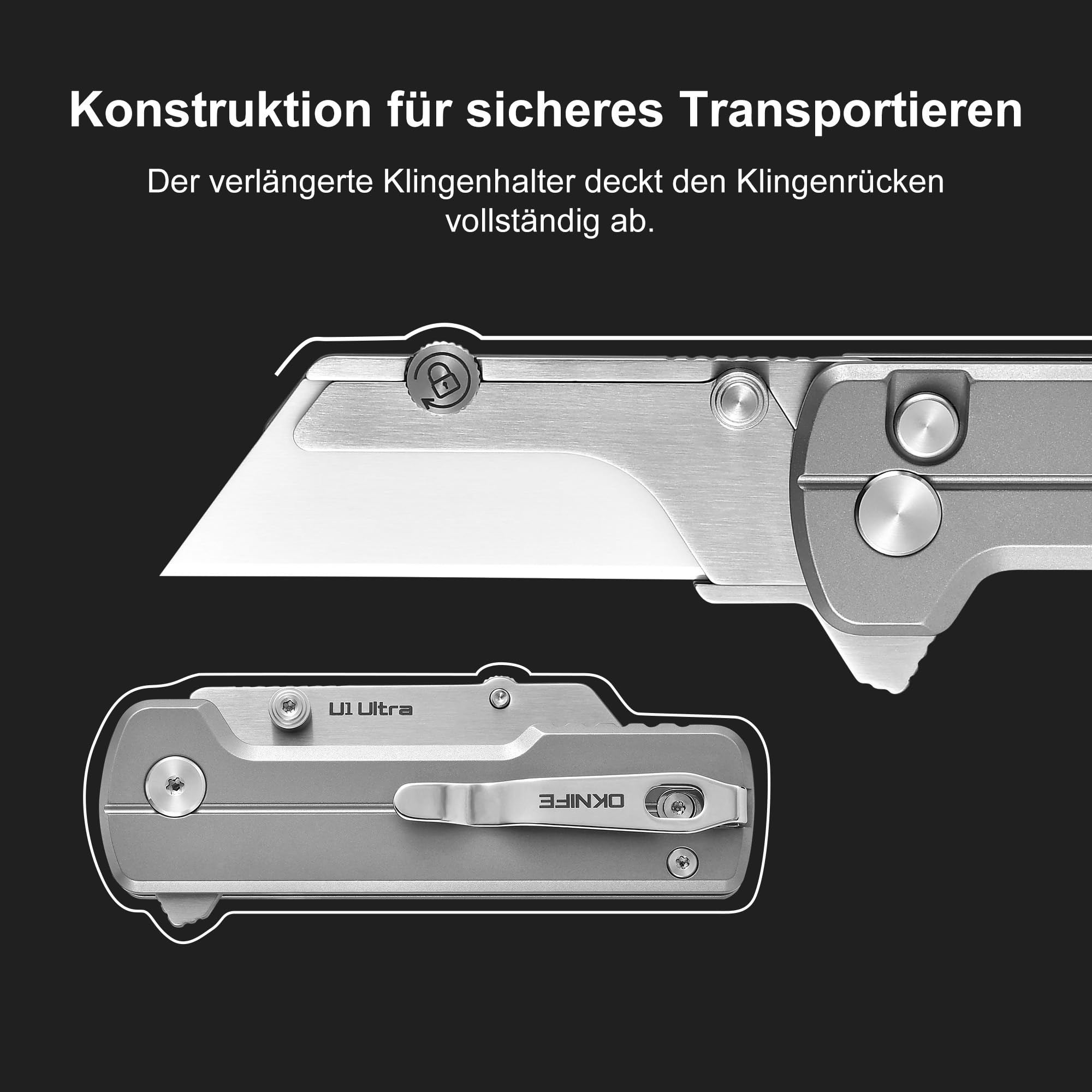 OKNIFE U1 Ultra Titanium EDC Taschenklappmesser Keramikklinge Boxcutter | Leichter Griff mit Knopfsperre & praktischem Taschenclip, kompakter EDC Cutter für Alltag,Taschenmesser