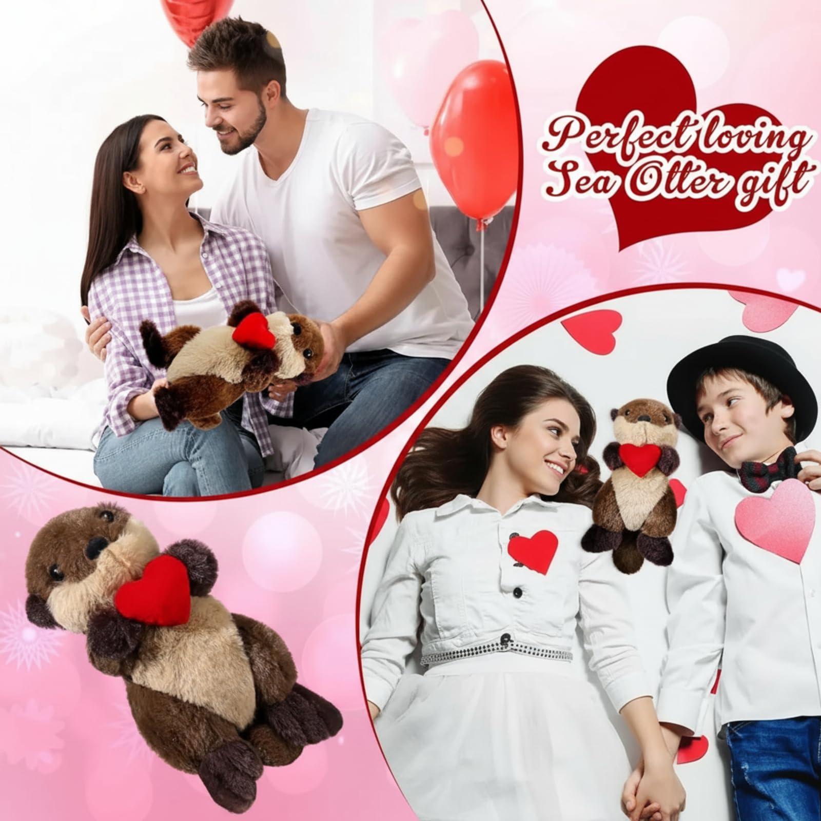 Valentine's Day Sea Otter Stuffed Animal Plushie with Heart Floating River Otter Cute Stuffed Animal Girlfriend Boyfriend Ocean Birthday Gift for Mom Mother Day(Cute Otters,9.84 Inches)