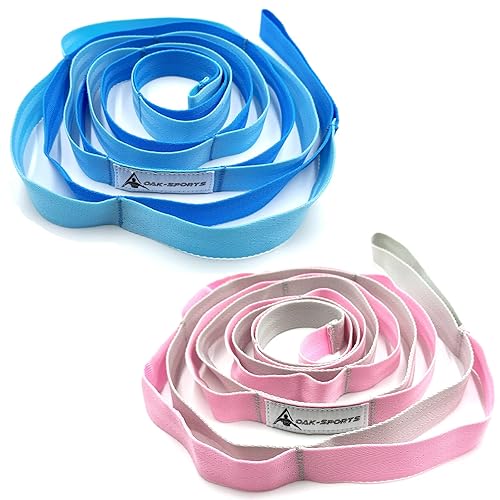 Stretching Strap Yoga Strap with Loops, Stretch Straps for Physical Therapy, Non-Elastic Exercise Strap for Pilates, Dance and Gymnastics with Workout Guide - Blue/Light Blue+Pink/Light Gray