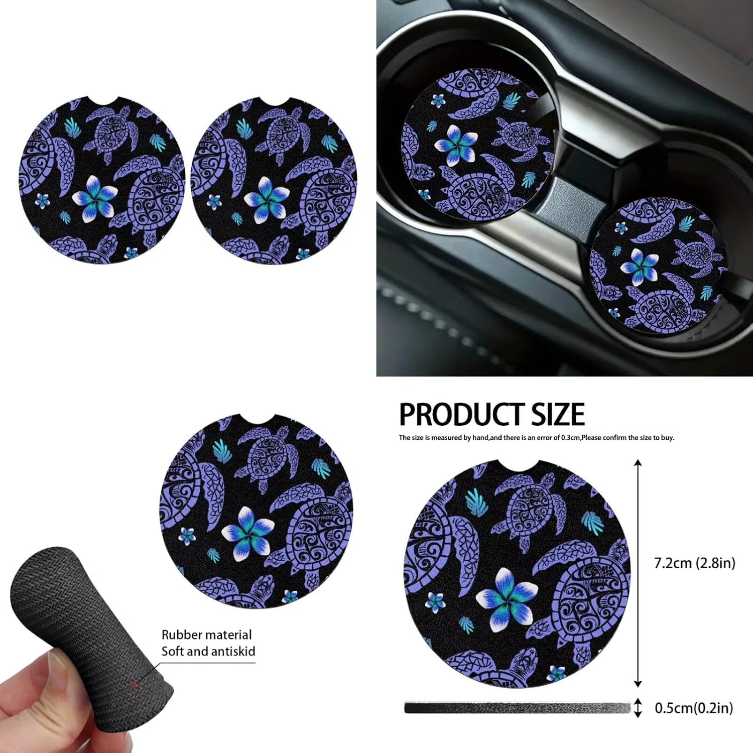 Sea Turtle Car Seat Covers for Cars 9 Full Set, Tropital Plumeria Steering Wheel Cover Seat Belt Strap Cover, Ocean Totem Tortoise Coaster Keychain