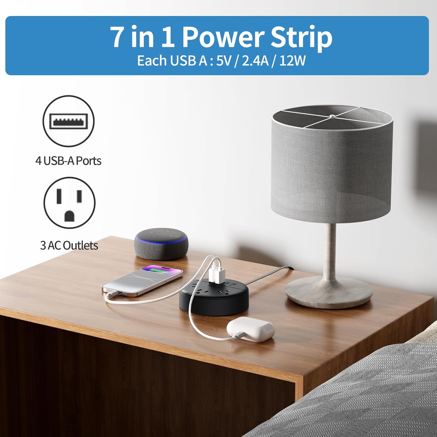 Flat Plug Power Strip, NTONPOWER 5 ft Ultra Thin Flat Extension Cord, 3 Outlet and 4 USB Ports, Wall Mountable, Compact Power Strip for Travel, Office, School, Home, Dorm Room Essentials