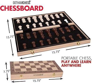 GothamChess Board | Foldable & Portable, Magnetic Chess Pieces, Organized Fitted Storage, Includes Course by International Master Levy Rozman, Game for Families & Adults | 15.75 x 15.75