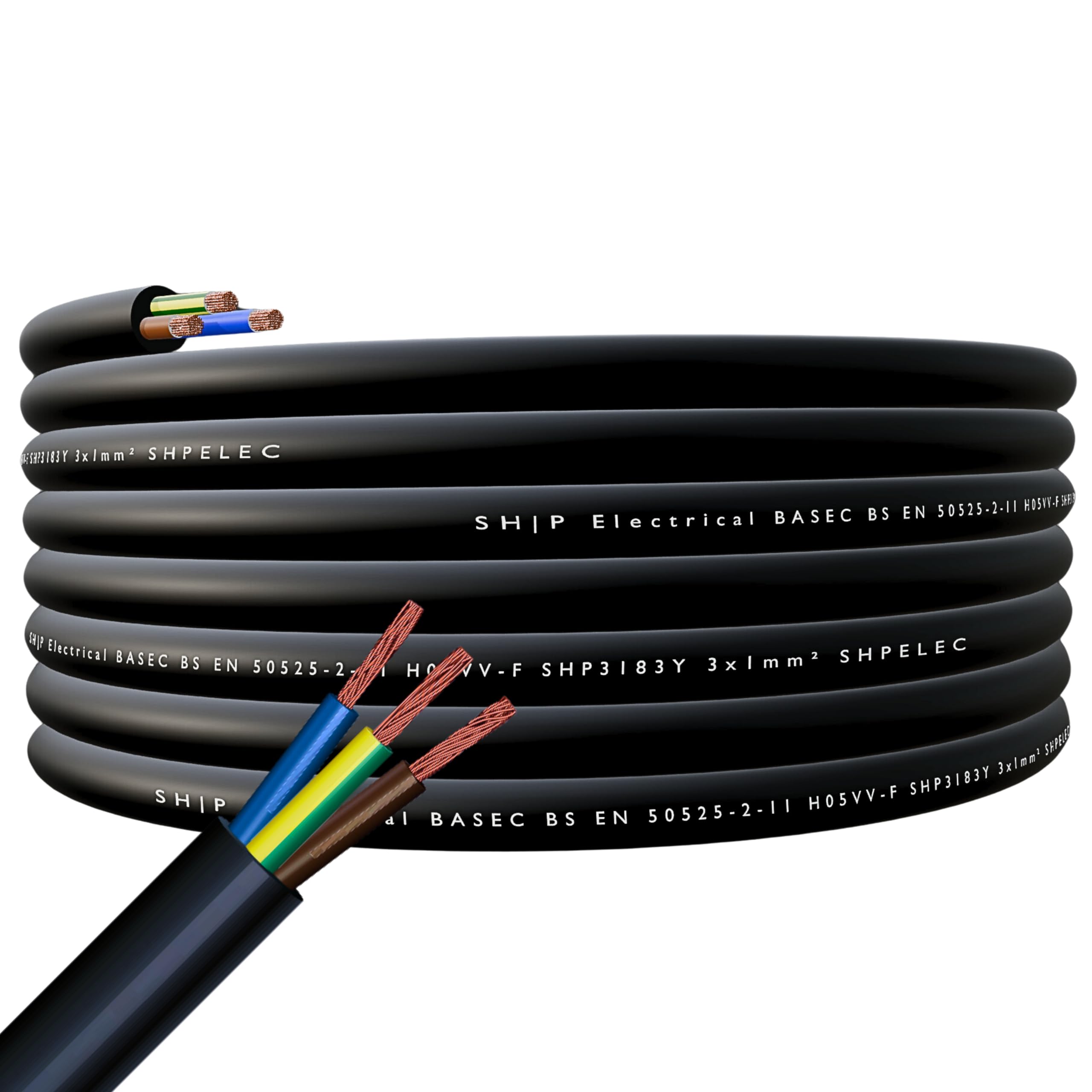 SHPELEC® FLEXIBLE Black Cable 3183Y 0.75mm, 1.0mm, 1.5mm, 2.5mm BASEC Approved Black PVC LED Lighting 5m 10m 15m 20m 50m (1.0mm 3 Core - 90 metres) — image 1