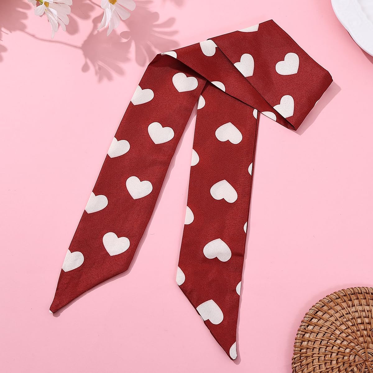 Heart Print Valentine Skinny Scarves, 2 Piece Set, Neck Tie and Hair Band, Red and White image 5