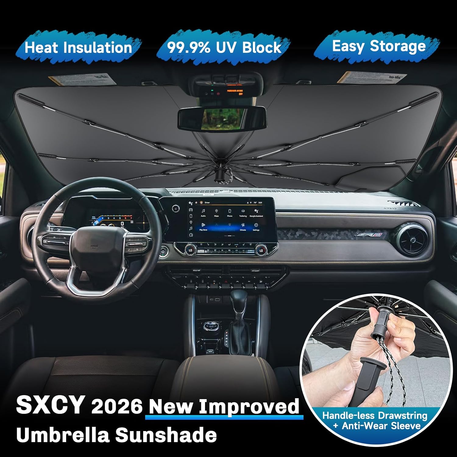 SXCY for 2023-2025 2026 Chevy Colorado/GMC Canyon Windshield Umbrella Sunshade [Easier Foldable] 2025 2026 Colorado/Canyon Accessories 2026 Colorado Sunshade Umbrella Windshield Sun Shade Umbrella