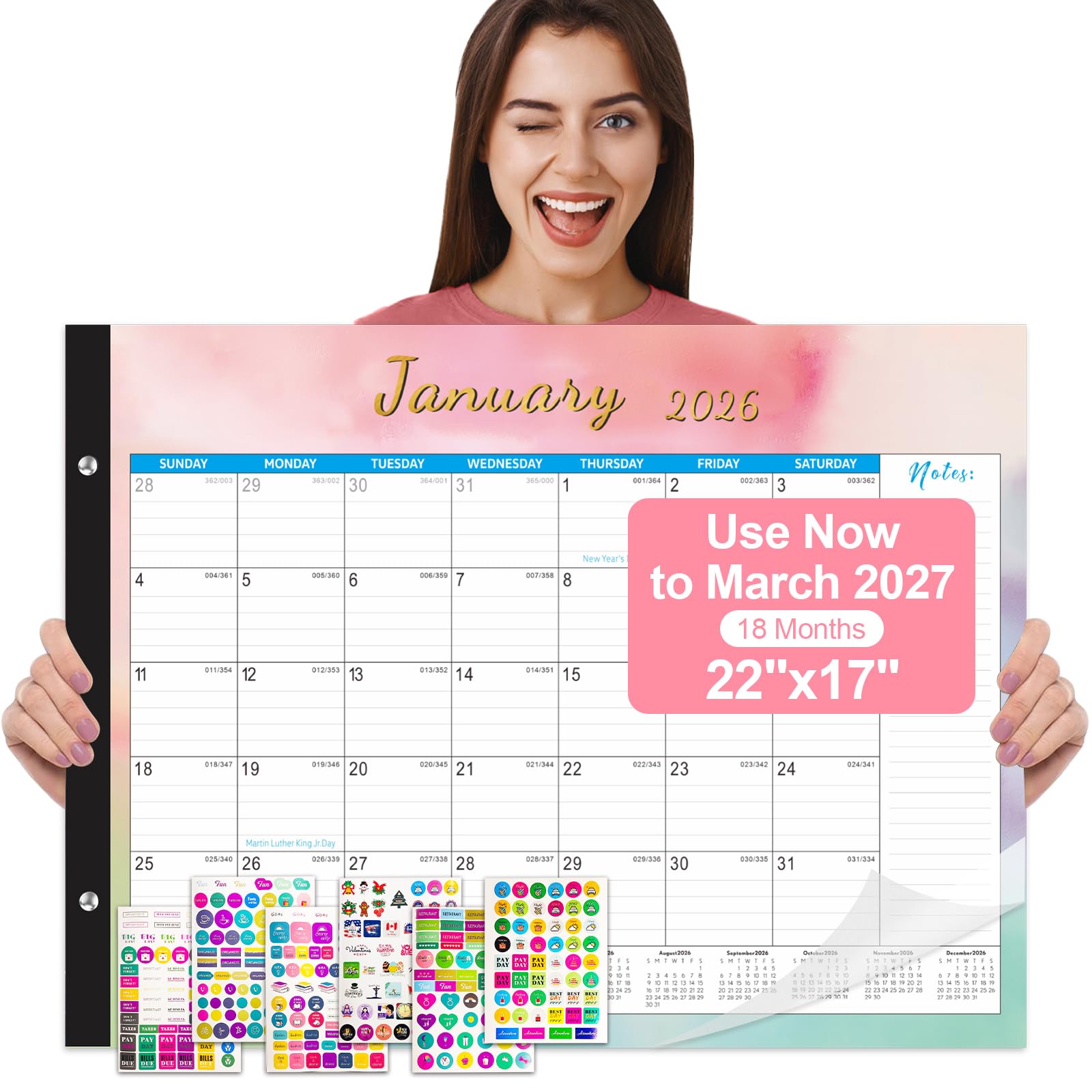 Gannyfer Desk Calendar 2026, 2026 Desk Calendar Large 22"x17", Use Now to March 2027, 18 Month Yearly Desktop Calendar 2026 with Notes, 2026-2027