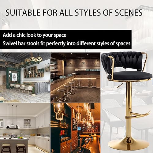 Miniatura 7 de Riknuxi Juego de 4 taburetes de bar de terciopelo dorado, taburetes de bar con respaldo bajo, taburete de bar giratorio para isla de cocina, bar pub
