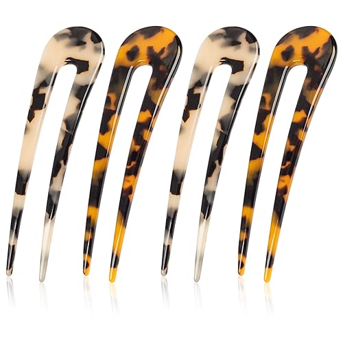 OIIKI Paquete de 4 horquillas de pelo en forma de U de acetato de celulosa, horquillas y palos para cabello largo, 2 puntas, para mujeres y niñas
