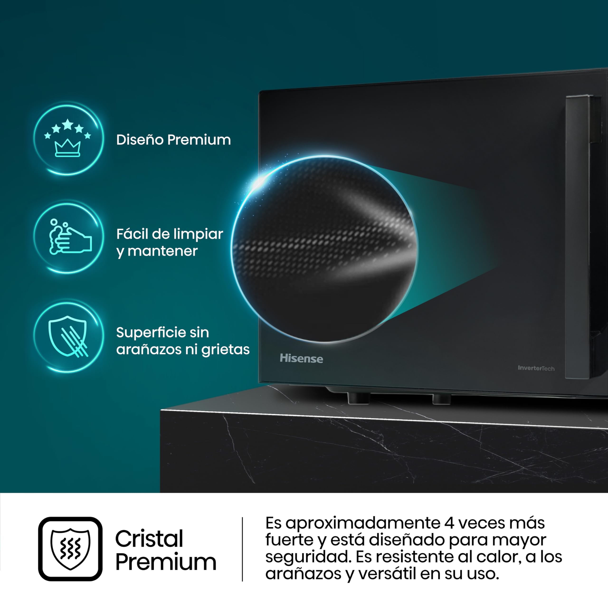 Hisense H20MOBP1HI - Microondas 20 Litros, 700W, Inverter Expert, Descongelación Rápida, Calentamiento Uniforme, Silencioso, Revestimiento Cerámico, Cristal Premium, Modo ECO, 5 Programas