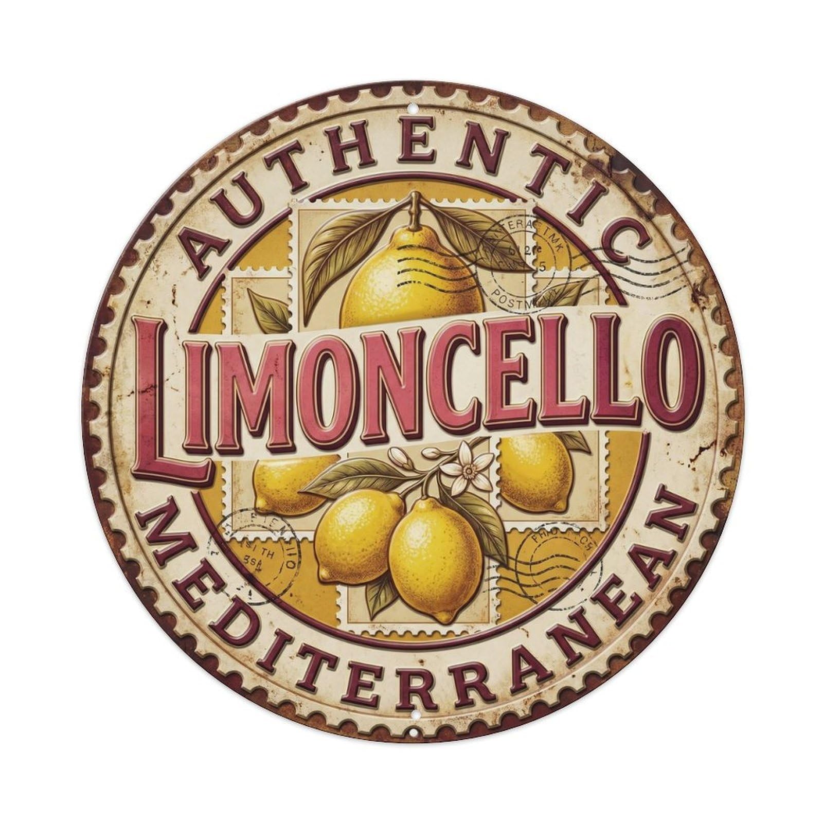 Authentic Mediterranean Limoncello Seal Metal Tin Sign Plaque Wall Decor for Cafe, Club, Garden Round Metal Poster 8x8Inch