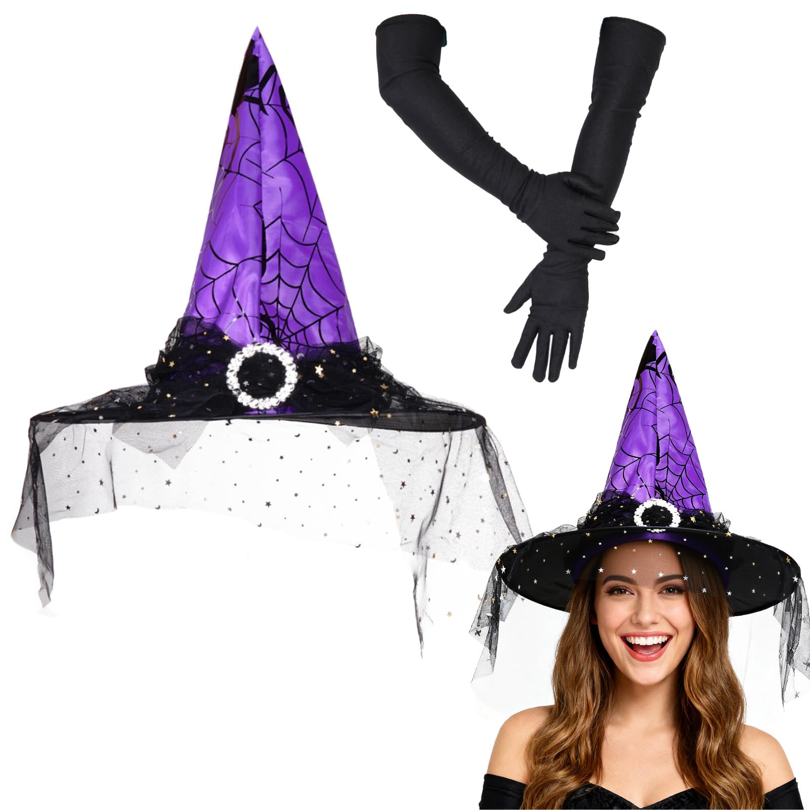 Qwrqwr Witch Hat Adult Classic Halloween Witches Hat with Veil Spider Web Patterns for Women Pointed Black Costume Accessory Perfect for Halloween Party or Cosplay