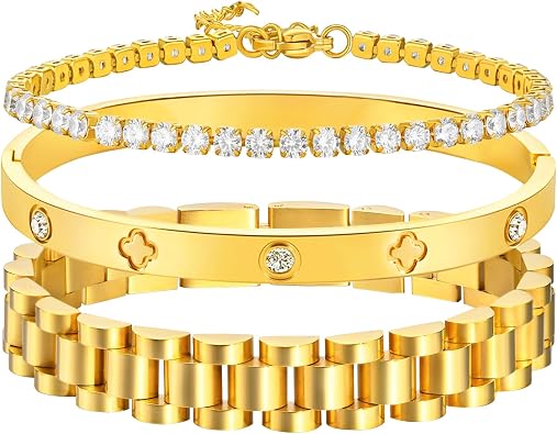 EllieHouse Thick Link Bracelet Adjustable Watch Band Chain Wristband Jewelry 18K Gold Plated 4mm Cubic Zirconia Classic Tennis Bracelets for Fashion Personalized