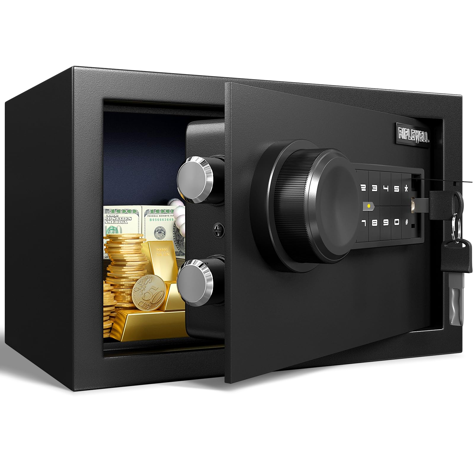 Fireproof Safe Box - (0.54 cu. ft.) Small Safe with Dual Alarm System, Digital keypad and Mute Function, Safe with LED Light and Removable Shelf, Safe for Documents Jewelry Valuables