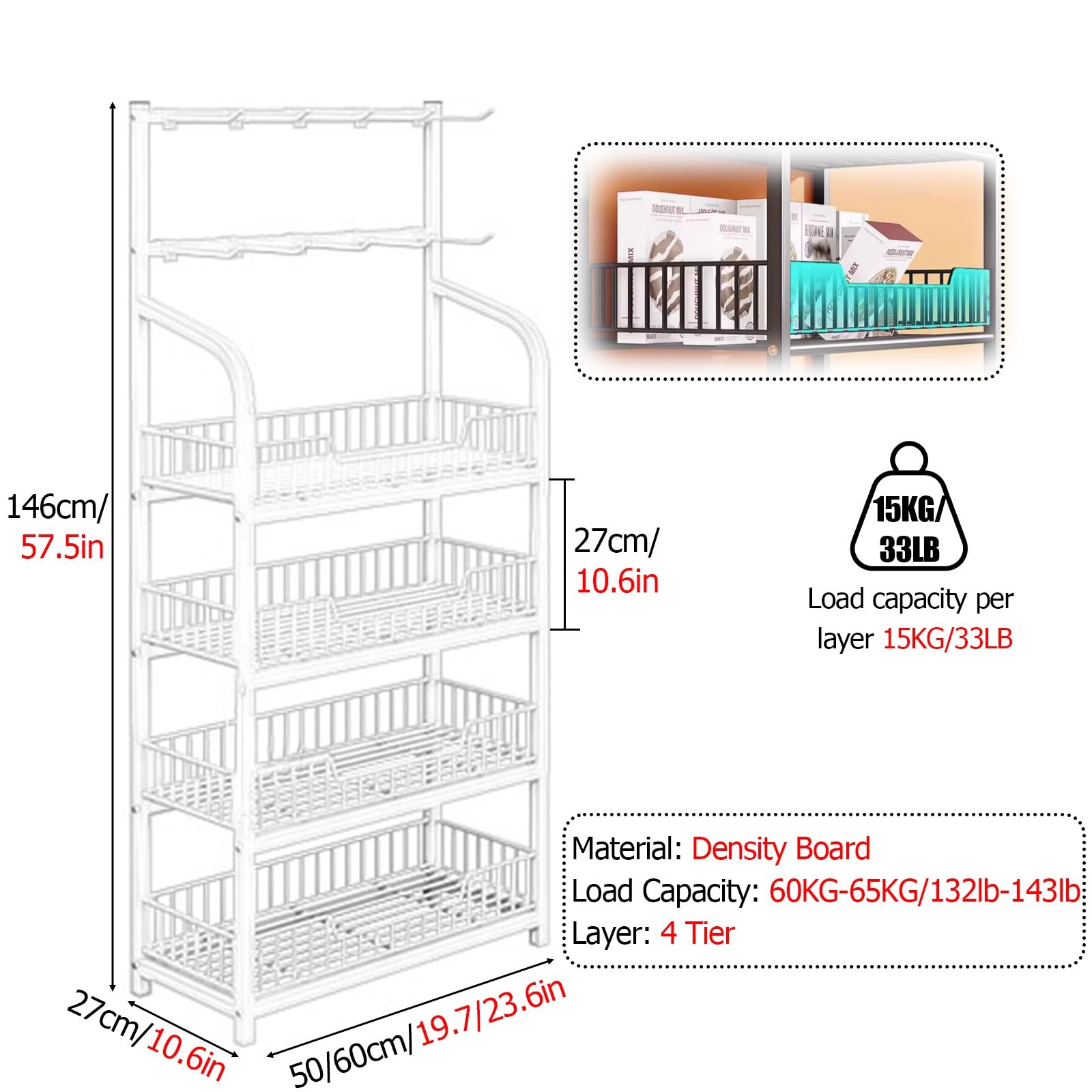 JLXJYS Potato Chip Snack Storage Shelf, 4 Tier Floor-Standing Display Stand for Store Cashier's Desk Bakery?Kitchen Counter Retail Basket Shelf (Color : 4 Tier White, Size : 50x27cm/19.7x10.6in)