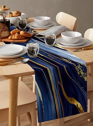 Miniatura 6 de Camino de mesa de mármol lino de algodón 13 x 72 pulgadas bufandas de tocador de vacaciones moderno azul marino abstracto dorado para cocina café