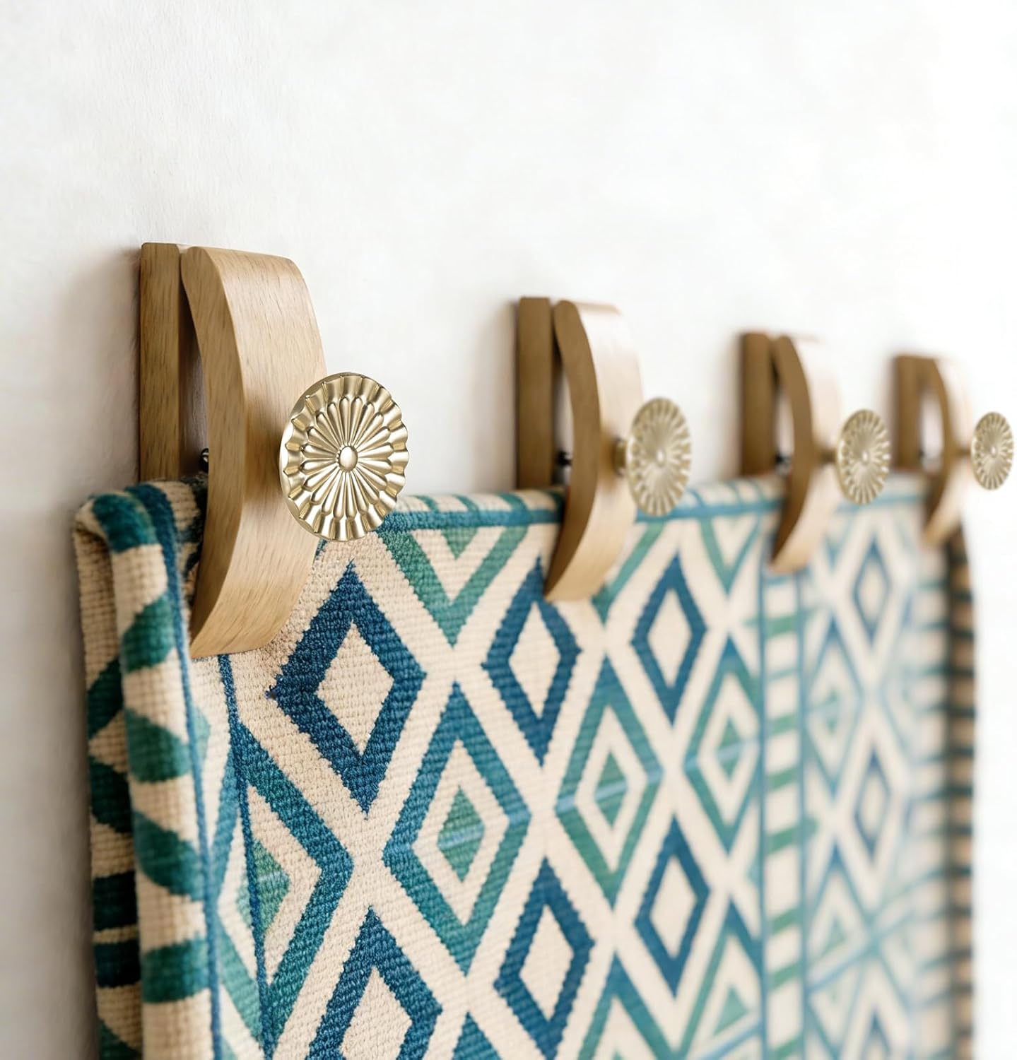 Quilt Hanger for Wall for Display Wooden Clips with Brushed Gold Knob Accents, Large Quilt Tapestry Hanging Clamp Kit for Art, Rugs, Blankets, and Fabric Wall Decor (4 Pack) BG-4
