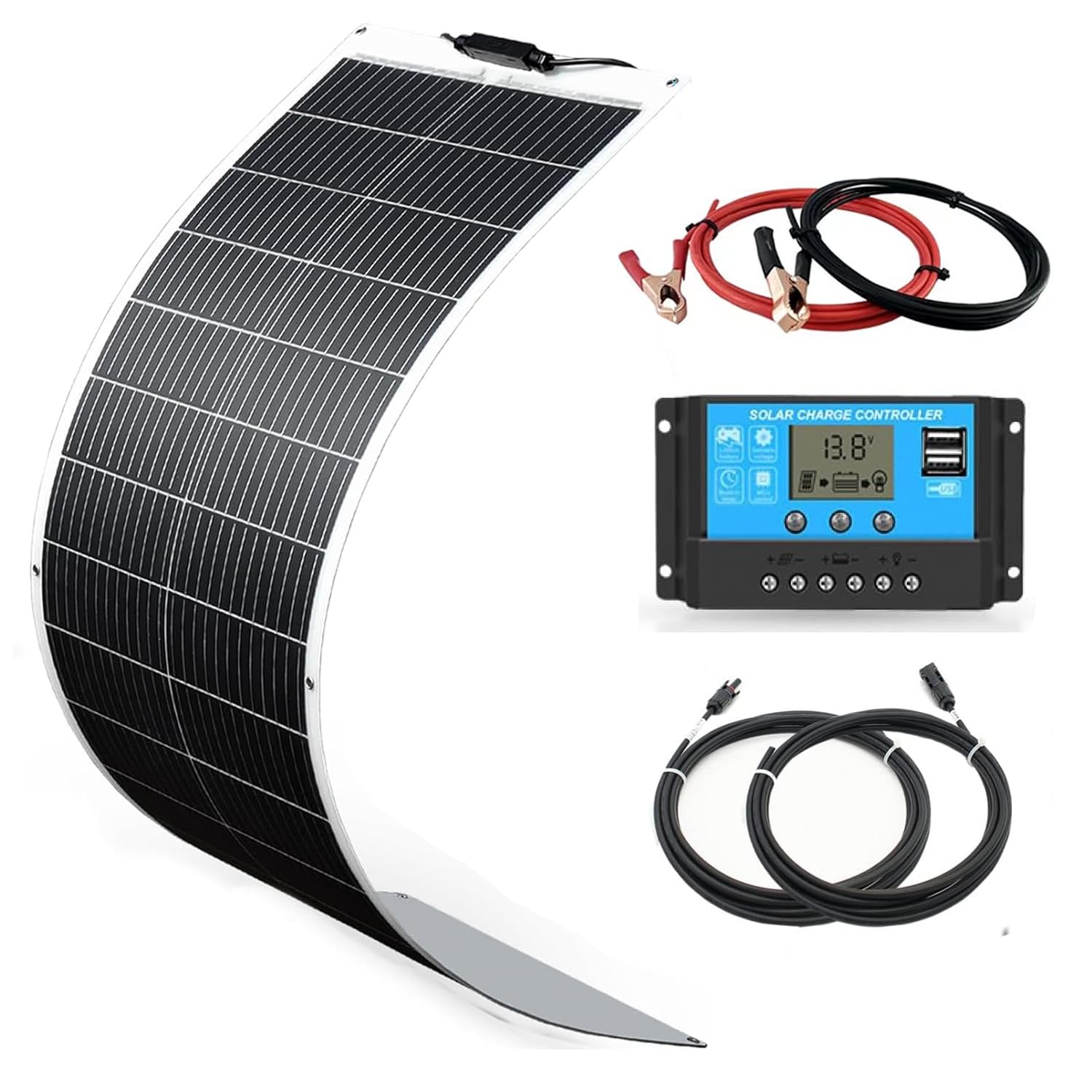 Solarpanel-Kit Flexibel 100W 12V Monokristallines Solarmodul+20A 12V/24V Solarladeregler+Solarkabel, Solaranlage Komplettset 12v für Wohnwagen, Wohnmobil, Boot Camper Autodach Balkon